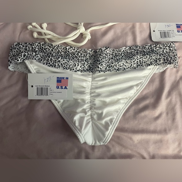 Two piece white swimsuit with leopard print lace trim - Picture 2 of 3